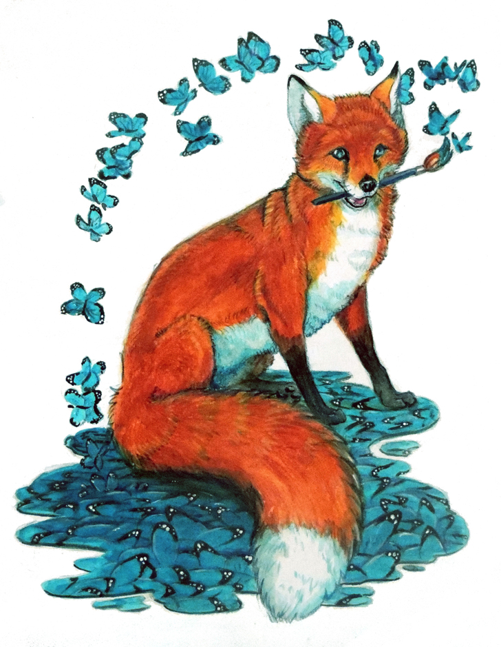 surrealist fox with butterflies