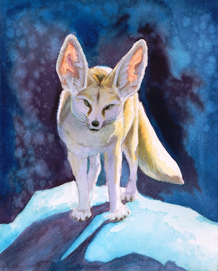 A watercolor painting of a fennec fox in surreal lighting