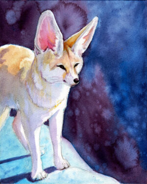 A fennec fox on an icy surreal watercolor background