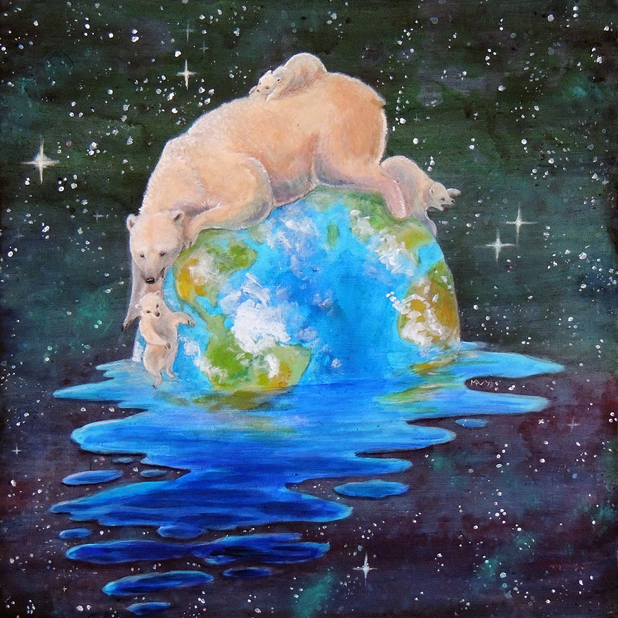 Acrylic Painting of a polar bear mother holding cub and three other babies on a surreal melting world about global warming