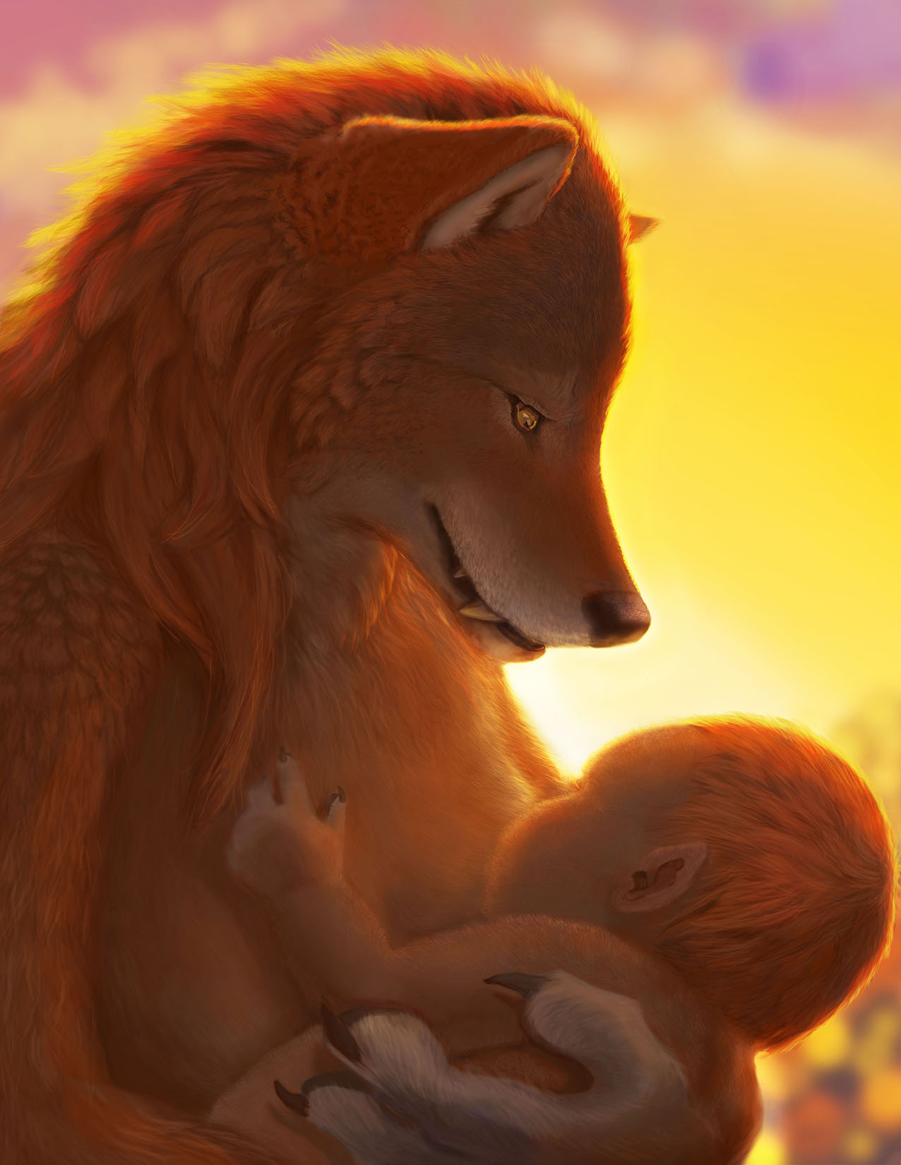 A A werewolf mother nurses a tiny newborn in the light of the dawn.