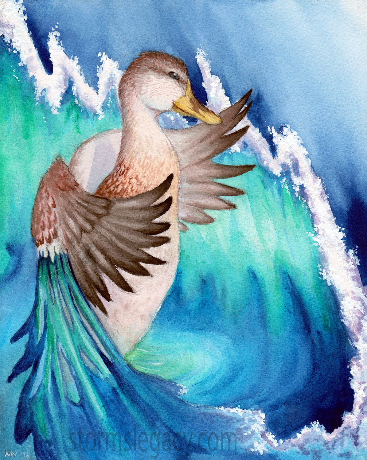 surreal mallard duck creating ocean wave in watercolor