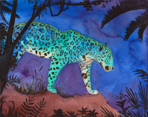 A jaguar strides across a surreal landscape