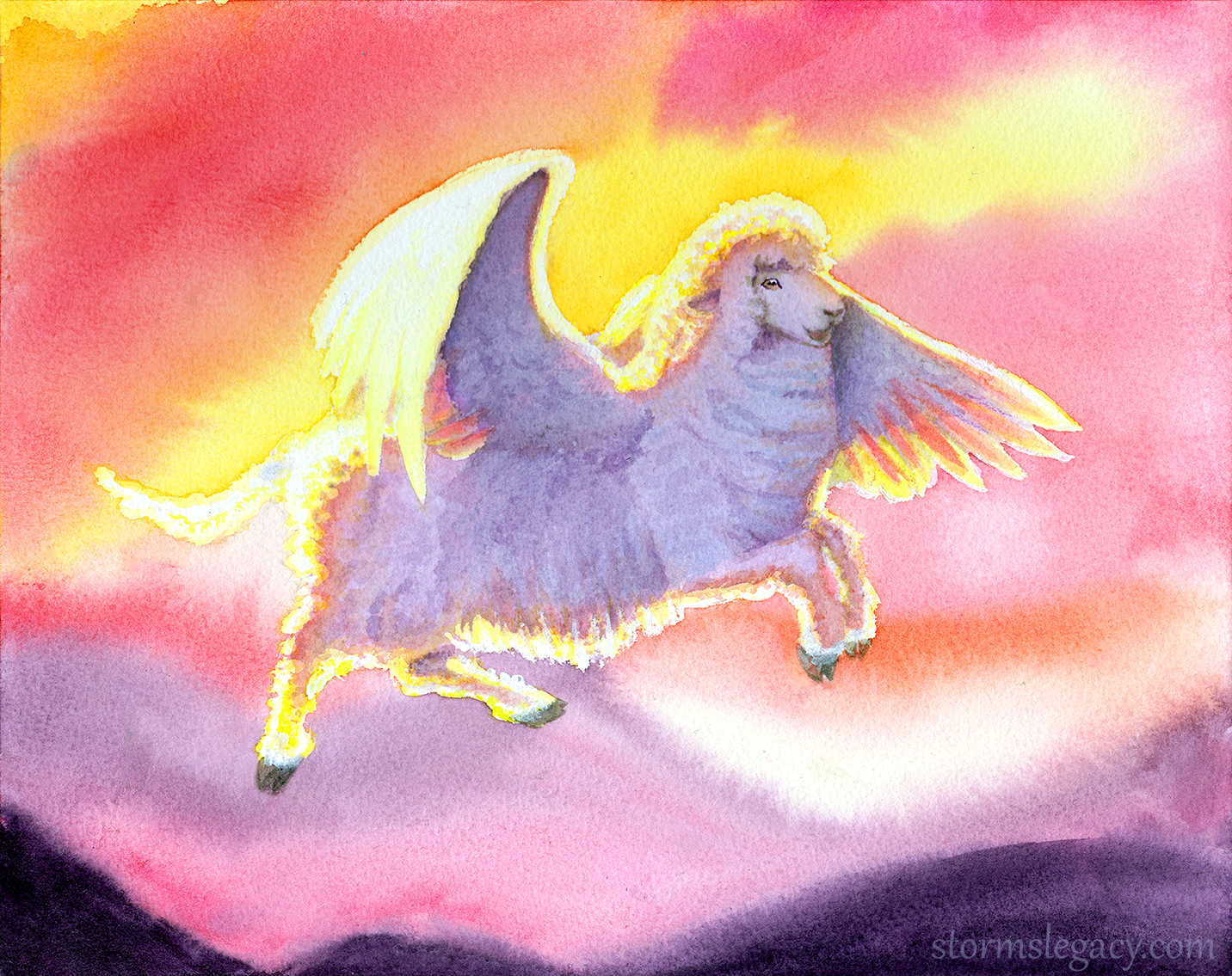 a watercolor painting of a corriedale sheep flying through the sky at sunset