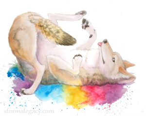 a cute watercolor painting of a coyote rolling in rainbow abstract colors