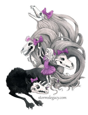gothic illustration of cute young girl with skull monster playing dress up