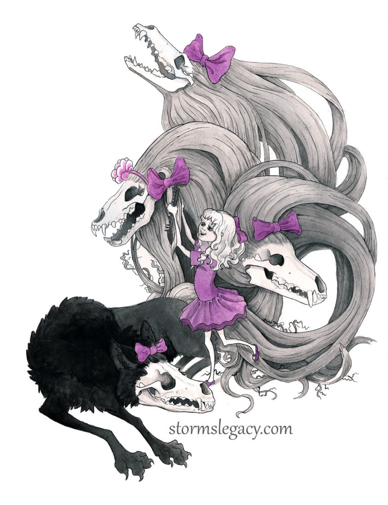 girl putting bows and ribbons on a fantasy skull creature