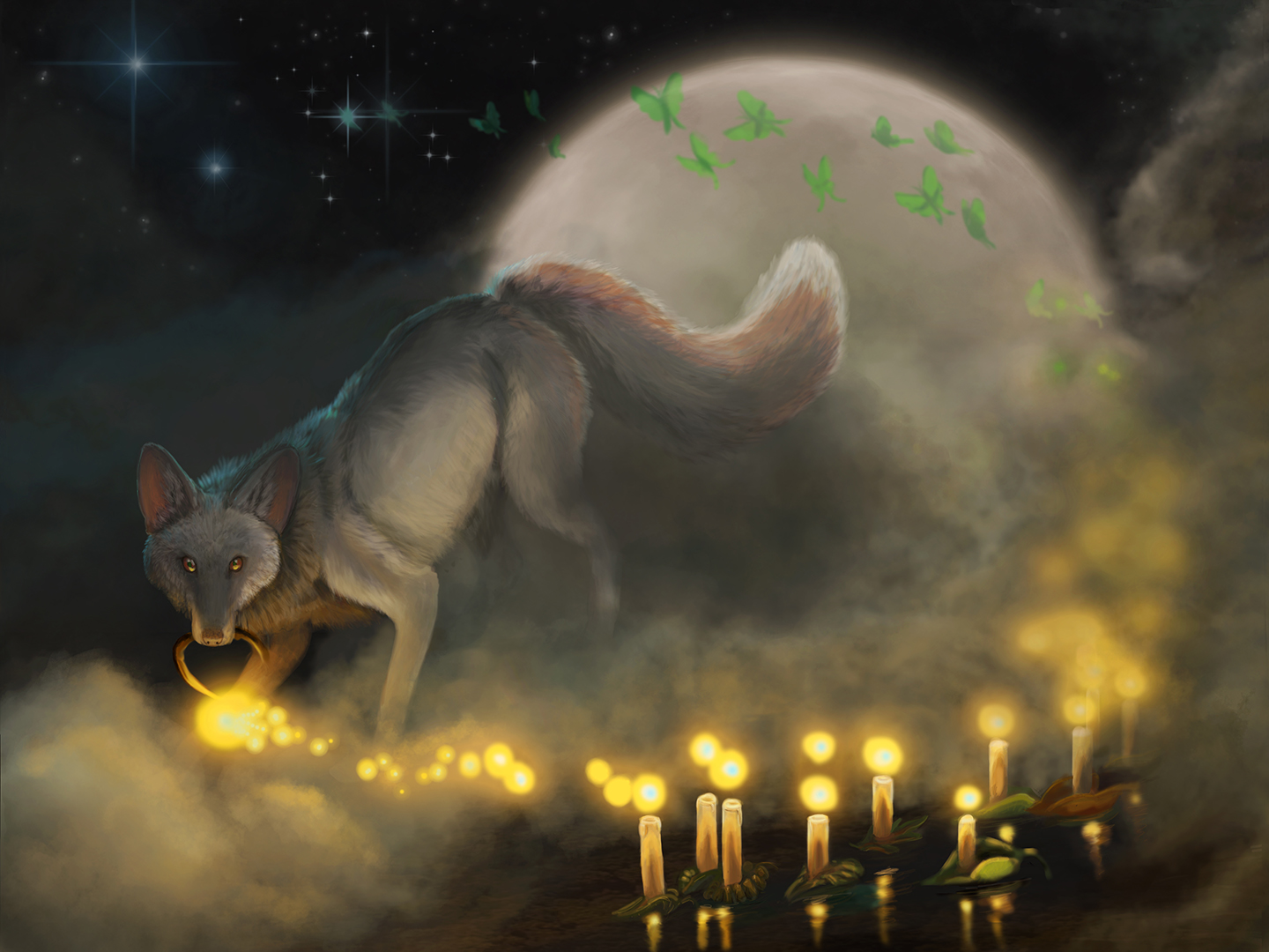 a dark illustration of a fox carries a lantern that spills glowing souls into a river of candles with lunamoths and the moon