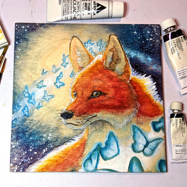 Fantasy animal Watercolor painting on birch wood of a red fox with suyrreal butterflies