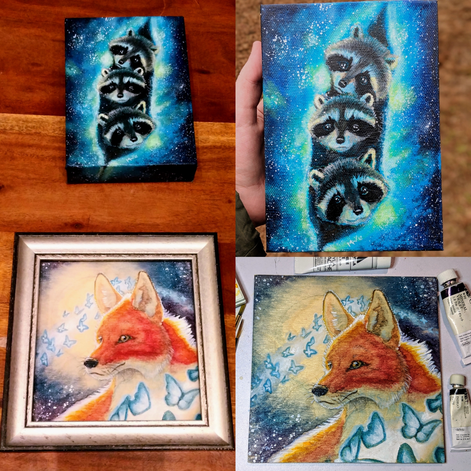 fantasy animal art paintings of a fox portrait and a nunch of raccoon babies in galaxy