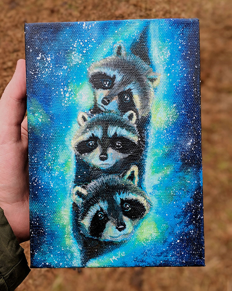 fantasy animal acrylic painting of three baby raccoons wrapped in a galaxy
