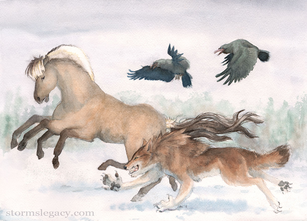 A watercolor illustration of a brown werewolf races Sleipnir the 8-legged mythic horse while the ravens Hugin and Muninn watch.