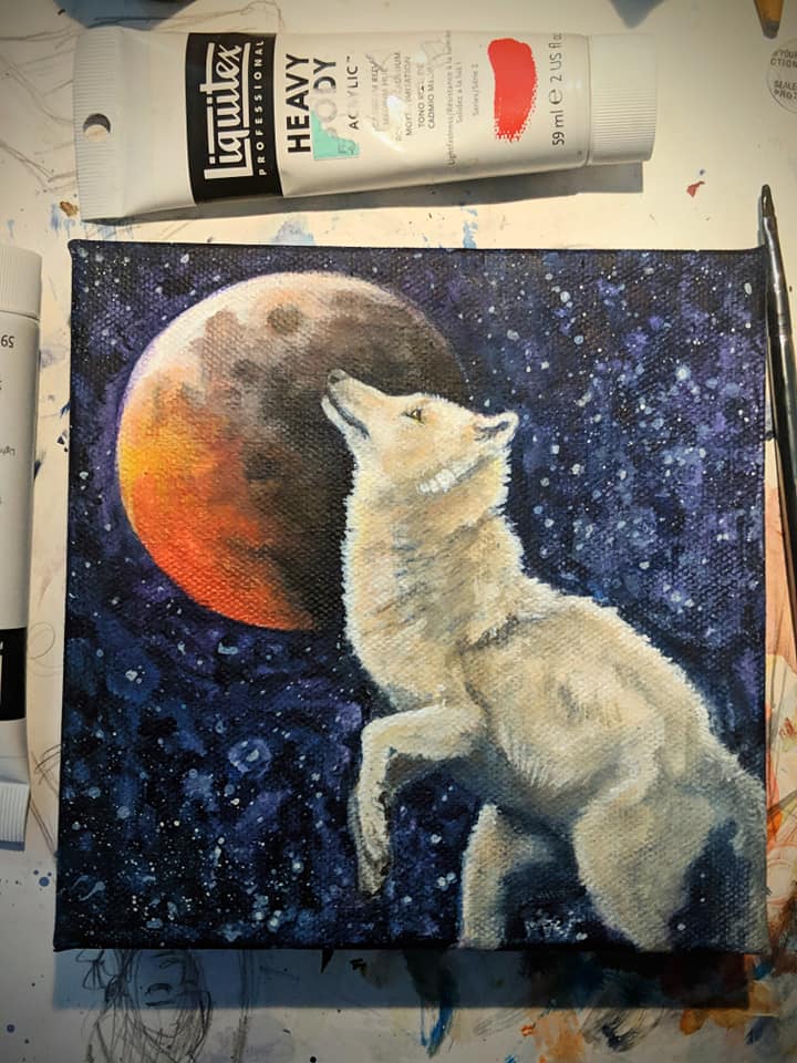 fantasy painting of wolf rearing in front of red moon