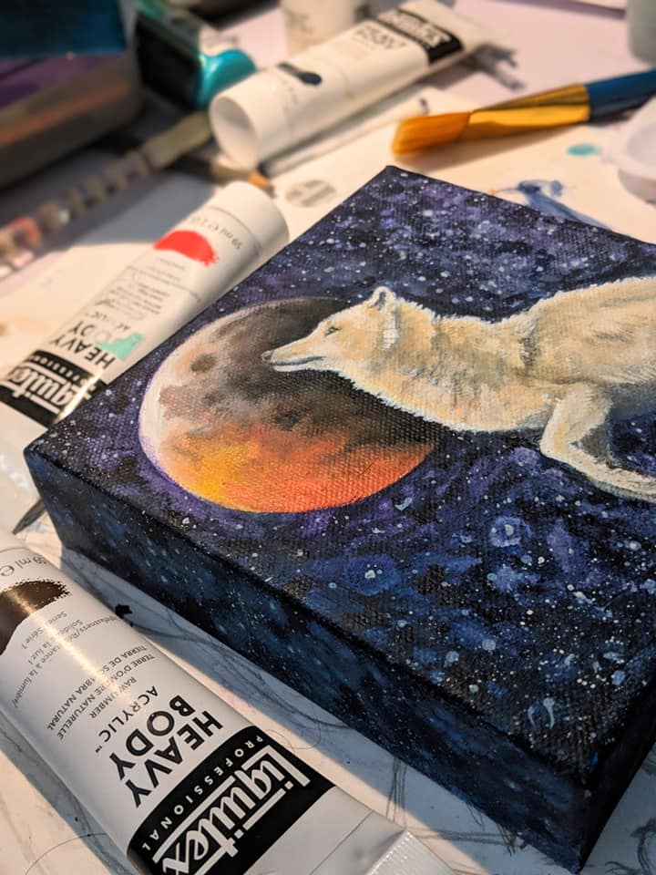Acrylic painting of wolf with moon and eclipse