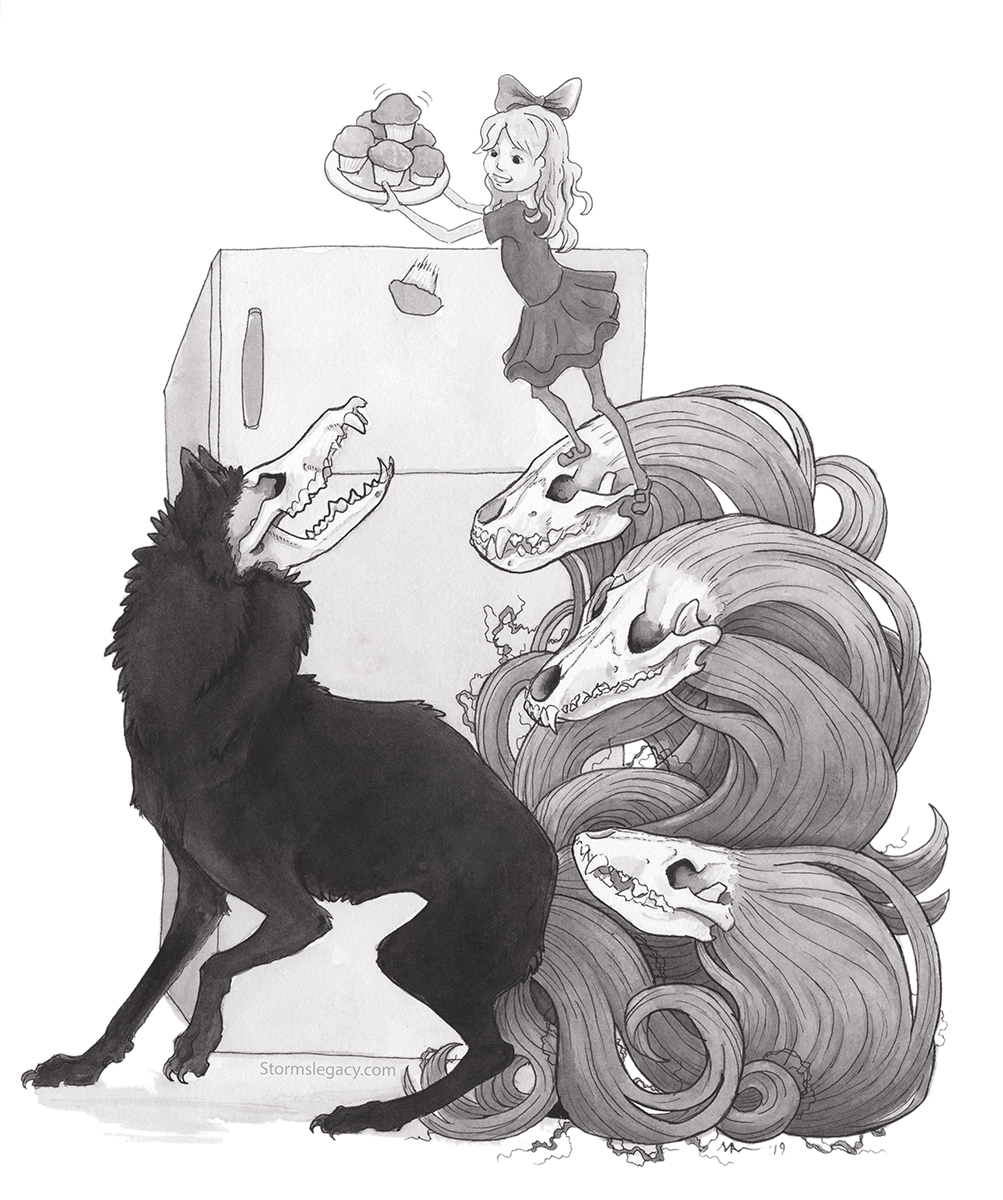 black and white ink painting of a girl cheerfully tossing a cupcake or muffin to a canine creature she is standing on, while itt's skull head happily gobbles it up