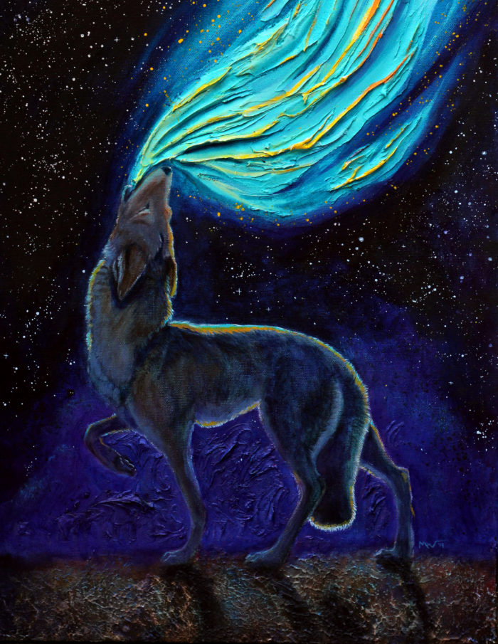 acrylic painting of coyote howling colors