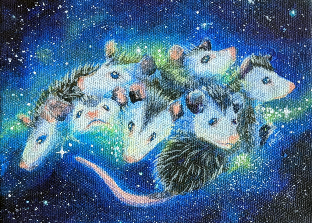 baby possum on galaxy painting