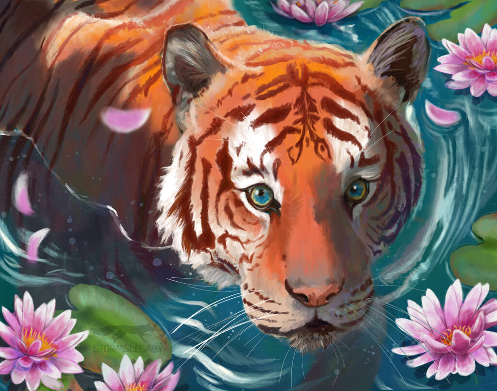 Painting of a tiger in the water surrounded by lillies