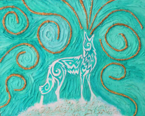 howl coyote painting white design on teal swirls