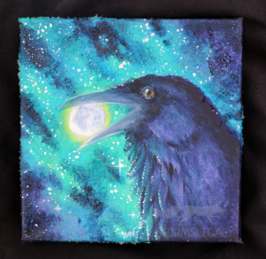 Raven holding moon painting